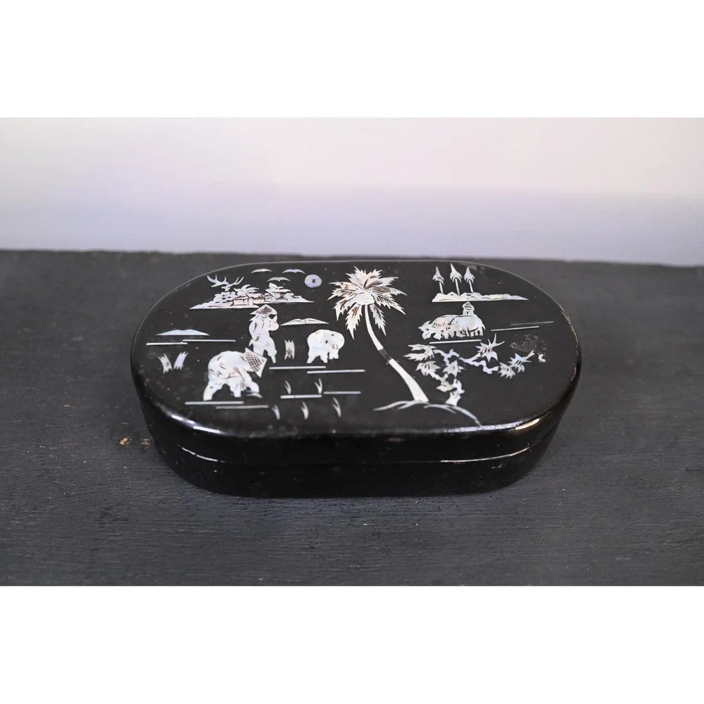 Vintage Asian Lacquer Jewelry Box Mother of Pearl Inlay Black Oval Trinket Case